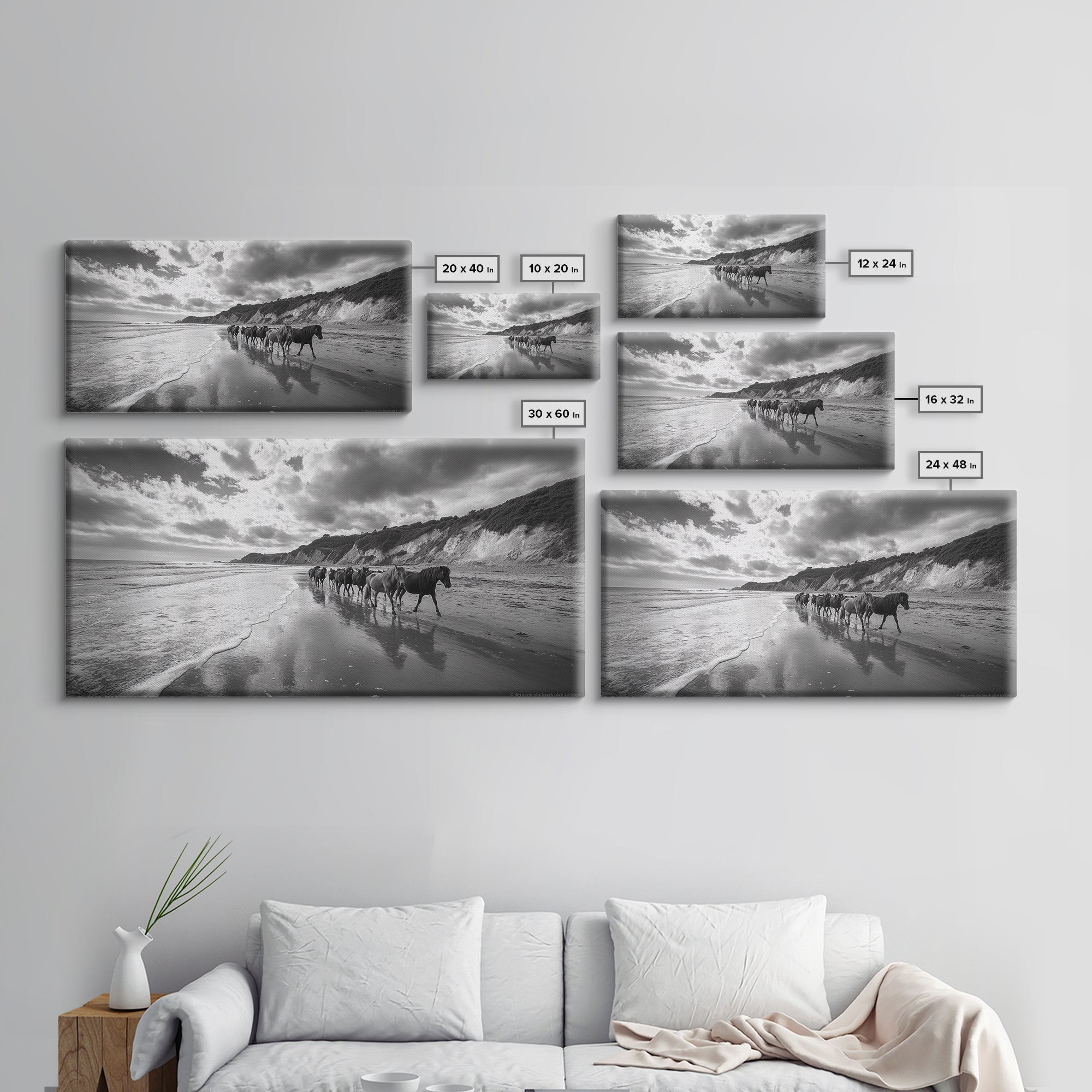 Wild Horses, vintage horse art, rustic decor, equestrian painting, black and white photography, ocean painting, coastal wall art, Framed Canvas Print