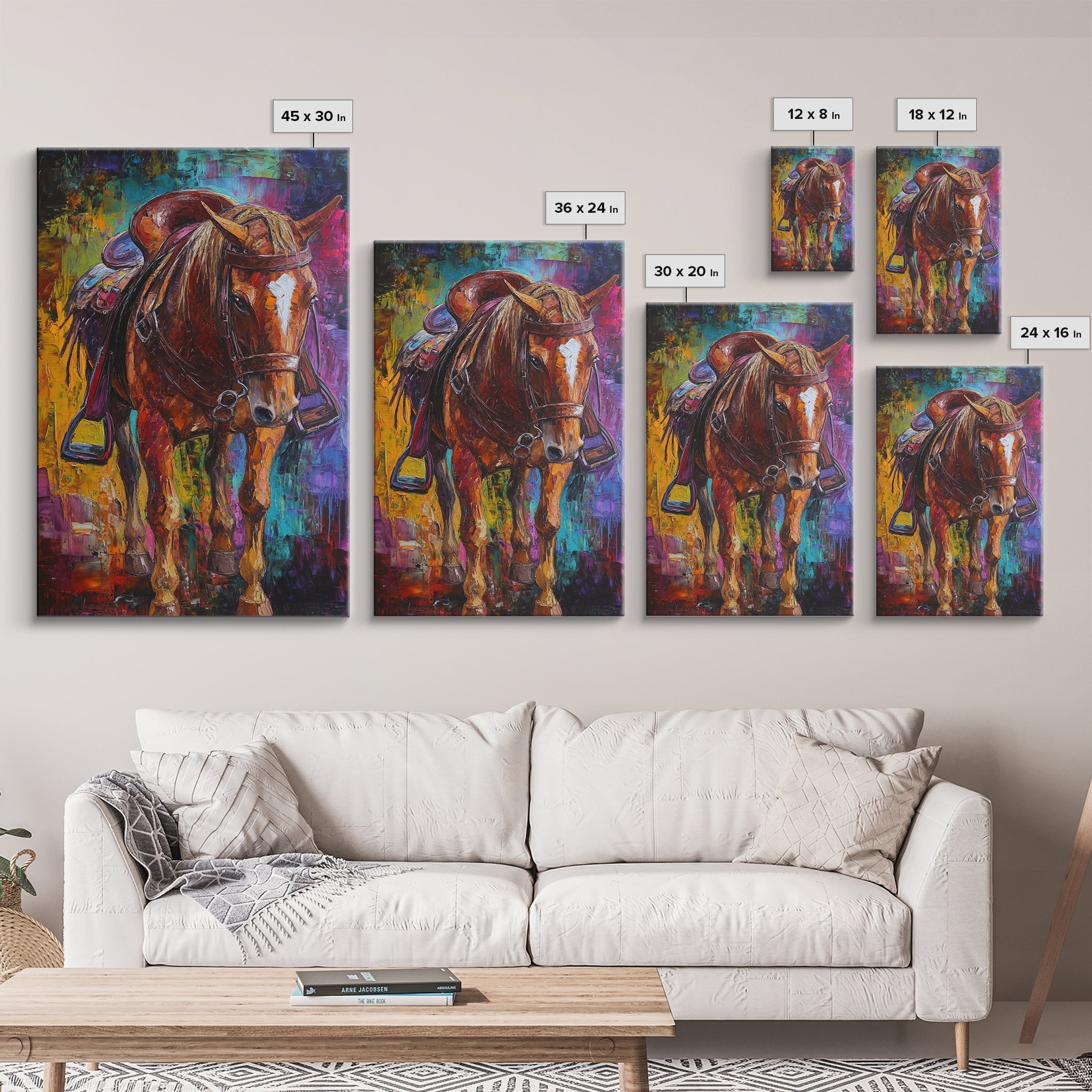 Bold Horse, vibrant painting, horse wall art, colorful western decor, rustic art, above couch art, boho art, Framed Canvas Print