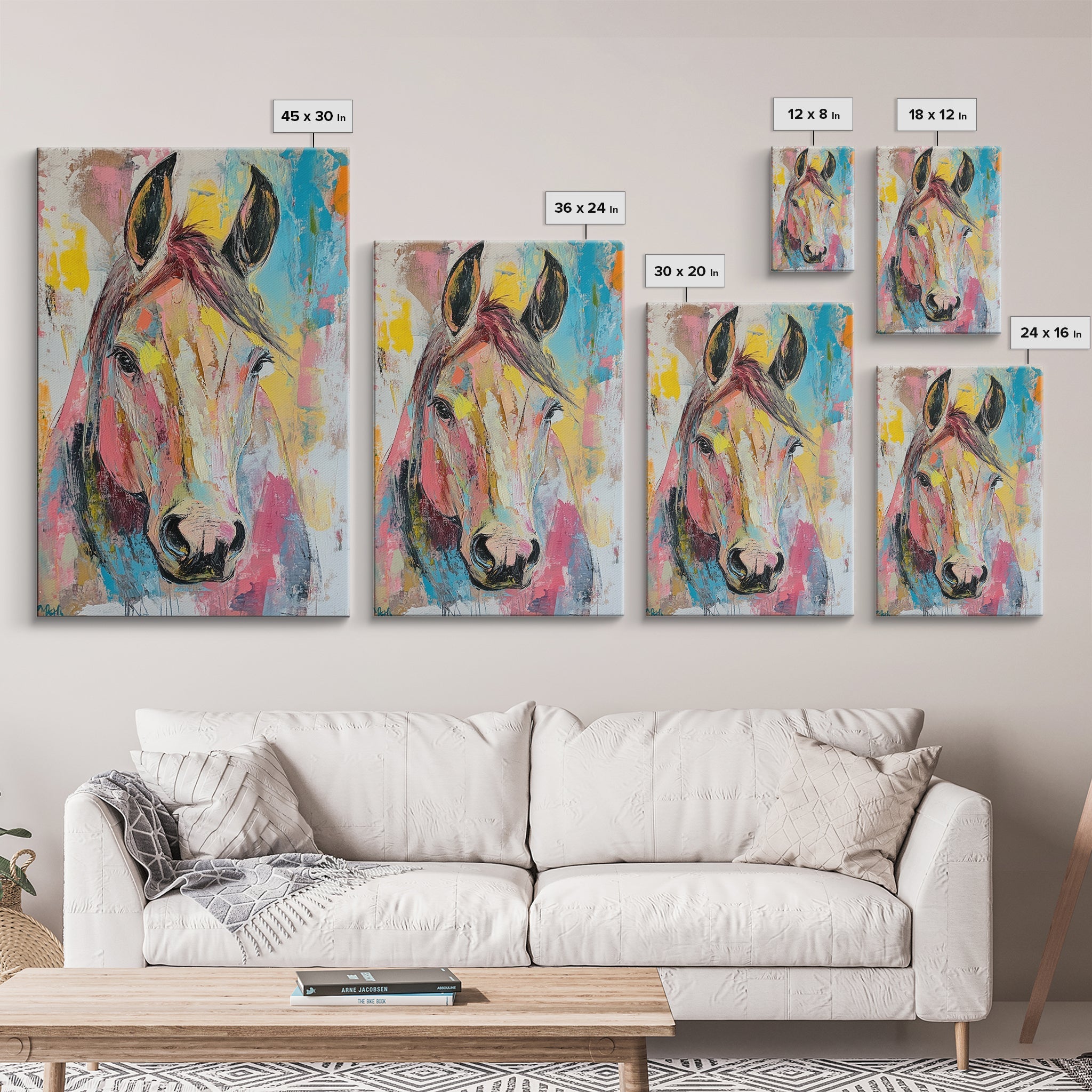 Abstract Horse Painting, pink orange wall art, vintage horse art, colorful decor, farmhouse art, canvas print, gift idea for her