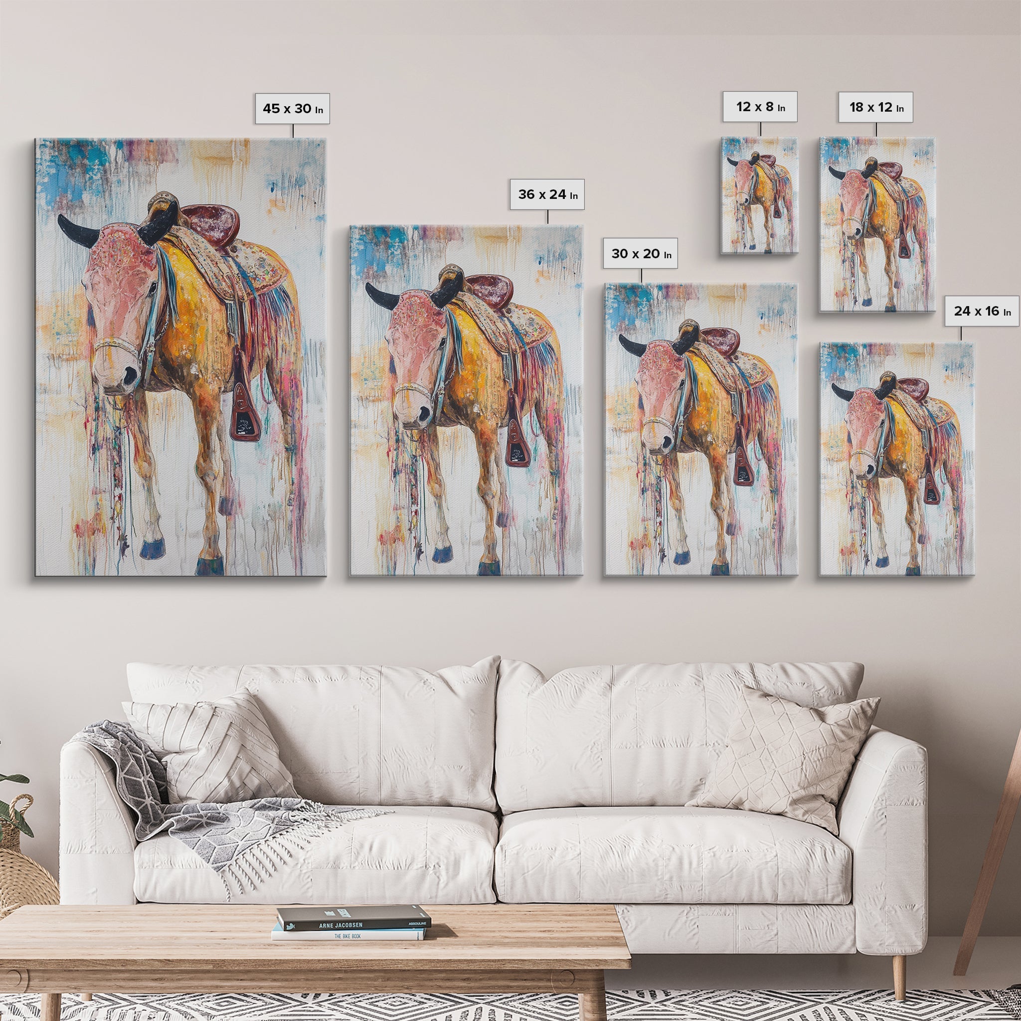 Painted saddle horse, vintage horse art, cowboy decor, rustic wall art, framed canvas print, boho art, above bed wall art, western art
