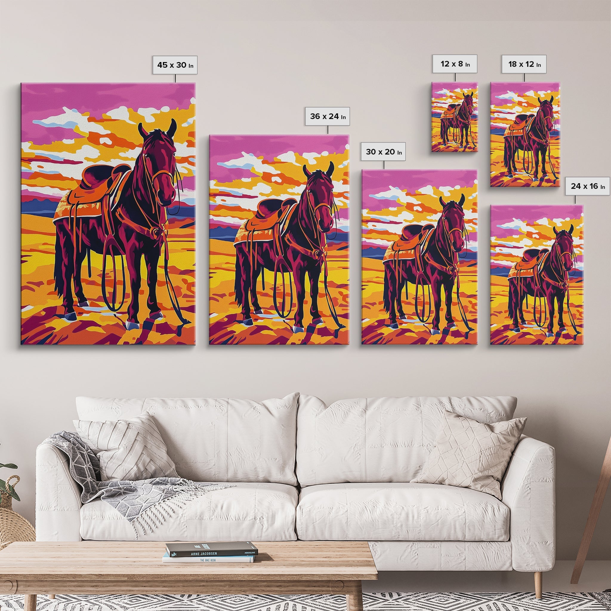 Western horse painting, pink orange wall art, vintage horse art, rustic decor, framed canvas print, southwest wall art, cowboy decor