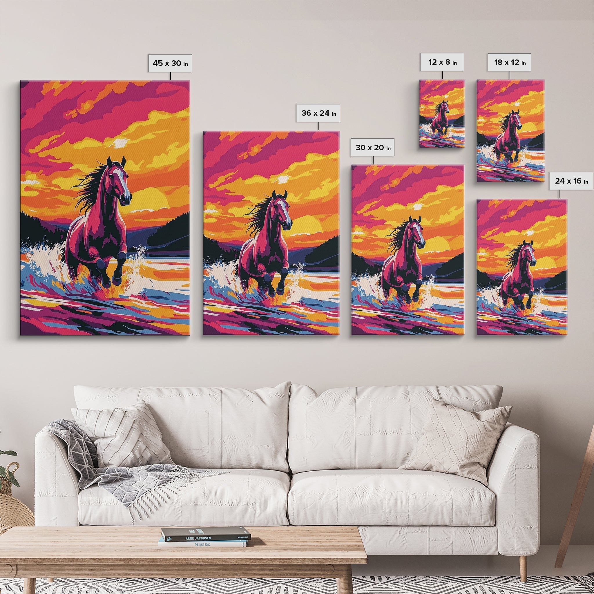Horse Running, pink orange wall art, vintage horse art, sunset painting, horse wall art, rustic decor, gift idea for her, Canvas Print