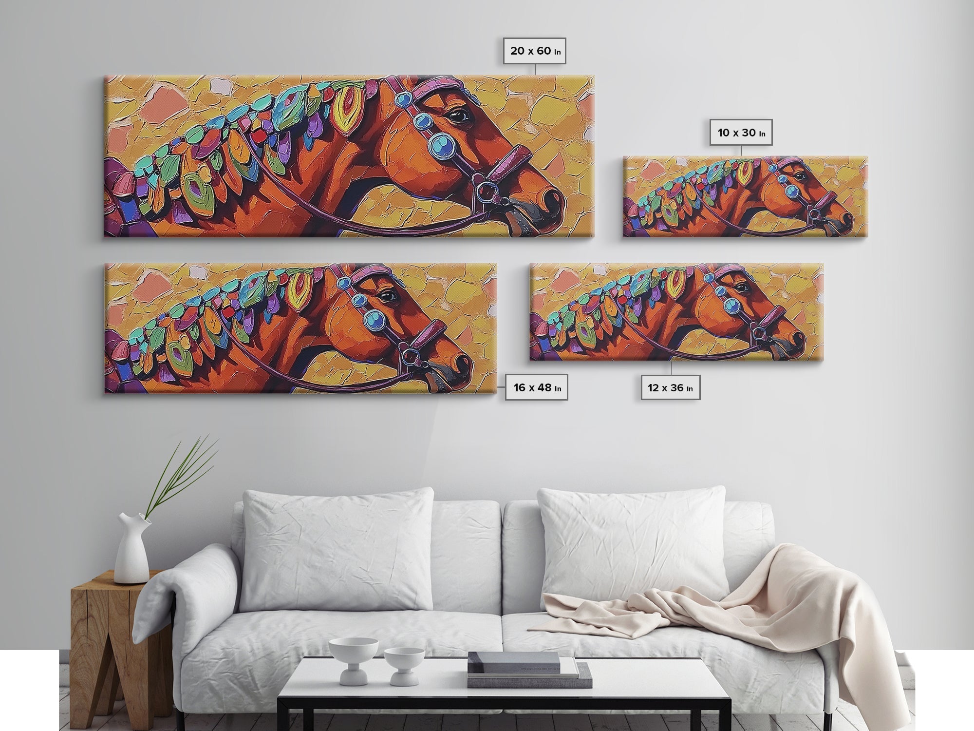 Colorful horse, abstract, horse wall art, rustic art, vintage horse art, panoramic painting, framed canvas print, extra wide art