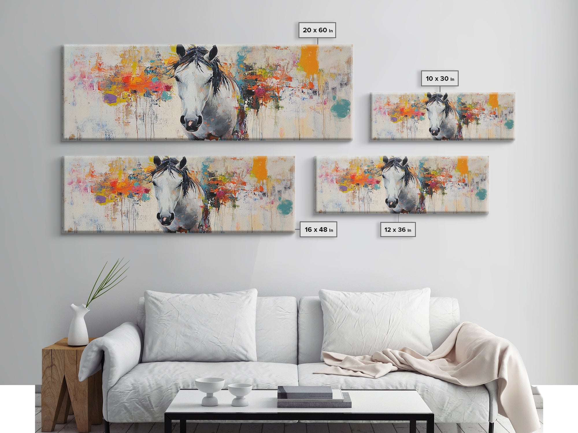 White horse, abstract, moody art, rustic decor, impressionist horse, framed canvas print, extra wide art, modern farmhouse art