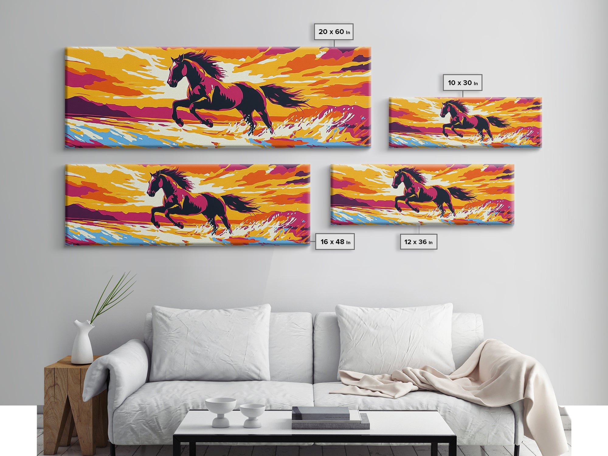 Sunset Horse Painting, Canvas Print, Vintage Horse Art, Pink Orange Wall Art, Southwest Wall Art, Rustic Decor, Panoramic Art, Farmhouse Art, Living Room Art