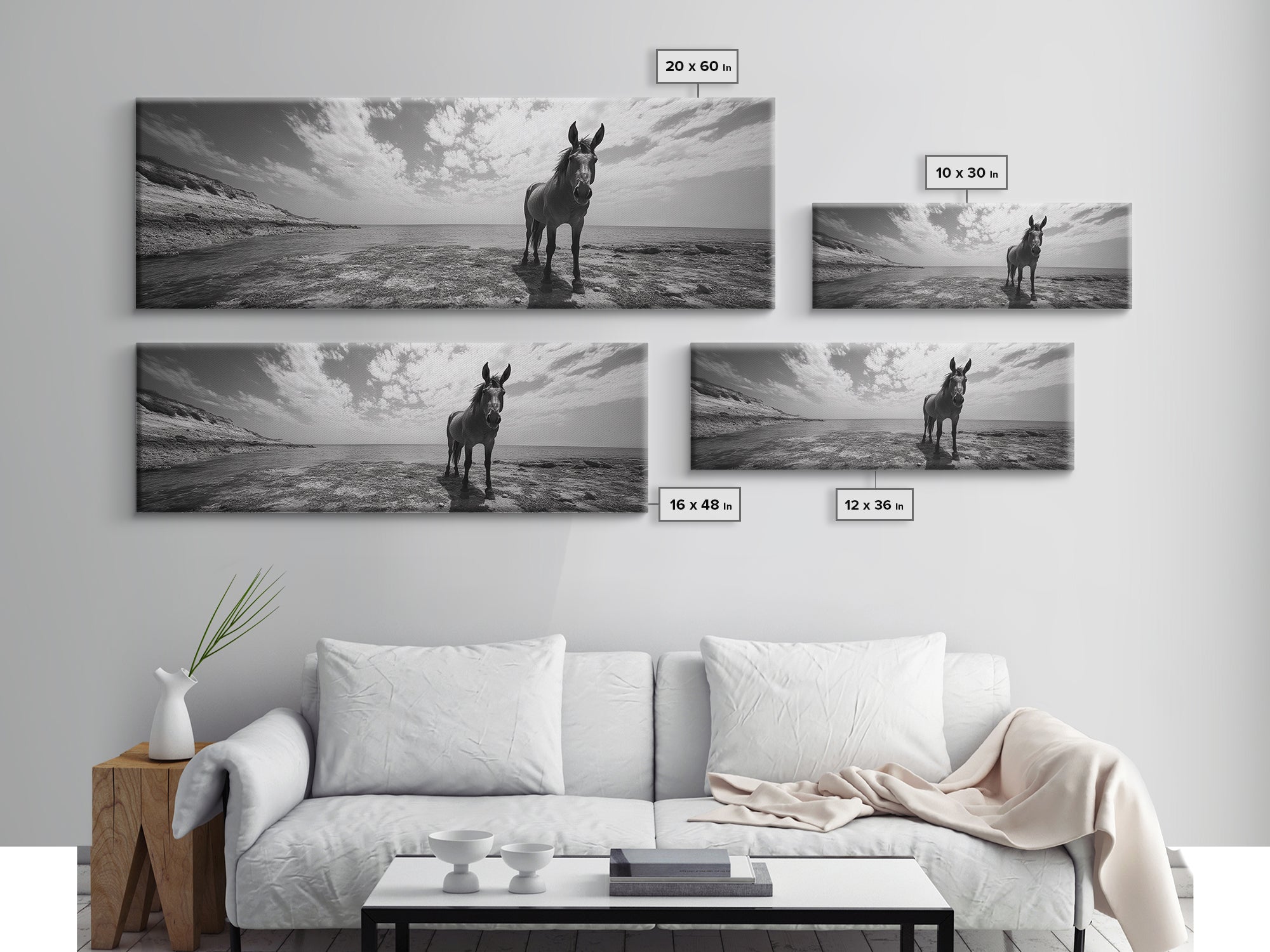 Lone horse, coastal cowgirl, panoramic art, extra wide art, vintage horse art, framed canvas print, rustic decor, seascape painting, moody art