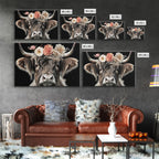 Framed Highland Cow With Flowers Painting canvas print Farmhouse art Cattle Wooden background Country wall art Cow print Rustic Wall Art