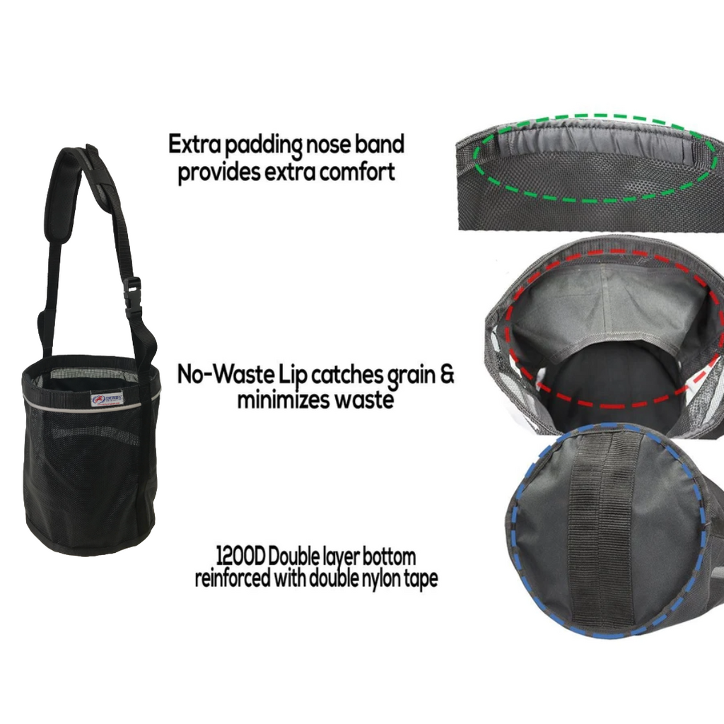 Derby Originals Heavy Duty PVC Mesh Reflective Feed Bag With Extra Comfort Noseband Padding No Spill Flap Design