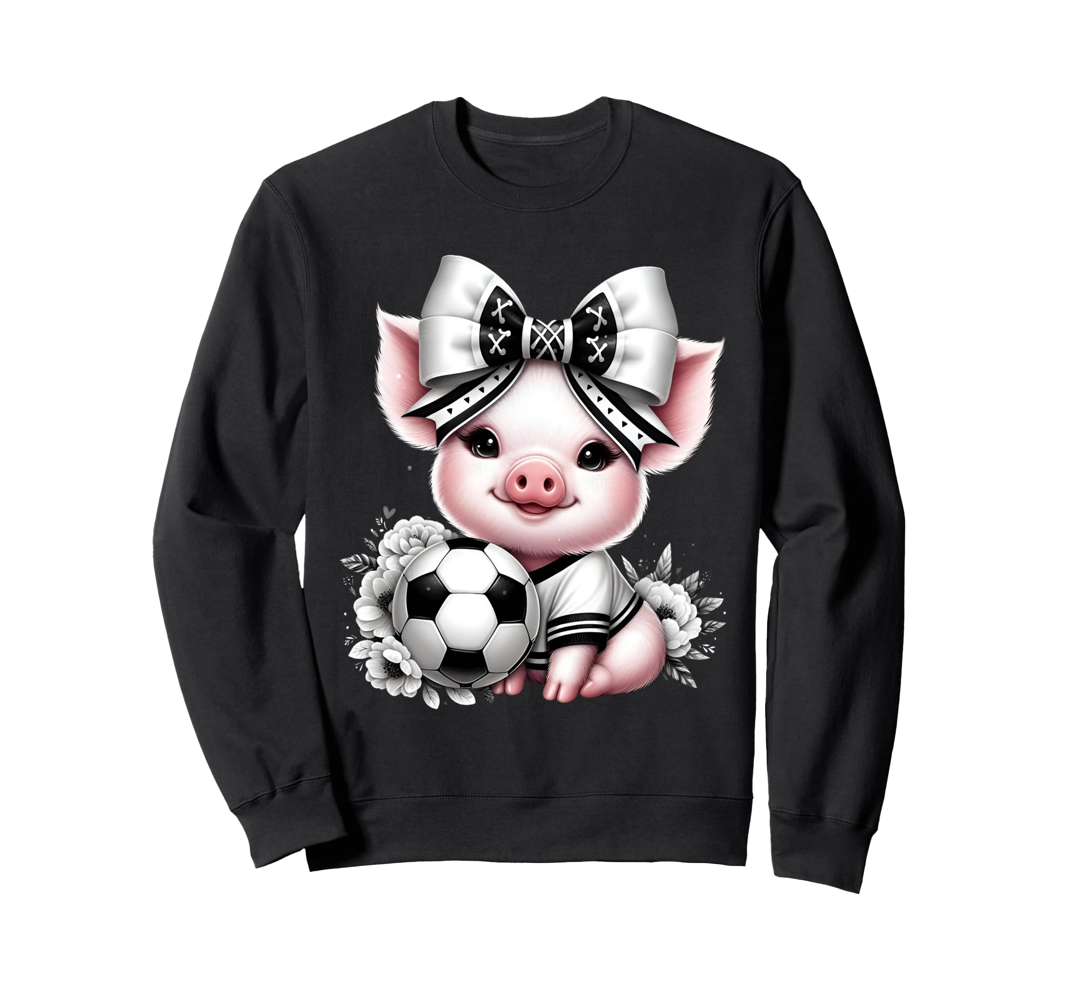 Pig Black White Soccer Coquette Bow Sweatshirt - Novelty Apparel Unisex