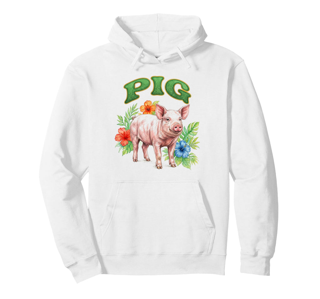 Pig Groovy Floral Pig Watercolor Boho Hoodie - Novelty Apparel for Adults