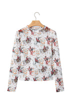 Beige Western Cowboy Floral Print Sheer Mesh Long Sleeve Top