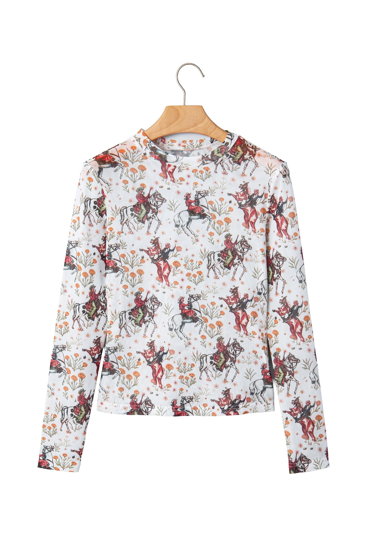 Beige Western Cowboy Floral Print Sheer Mesh Long Sleeve Top