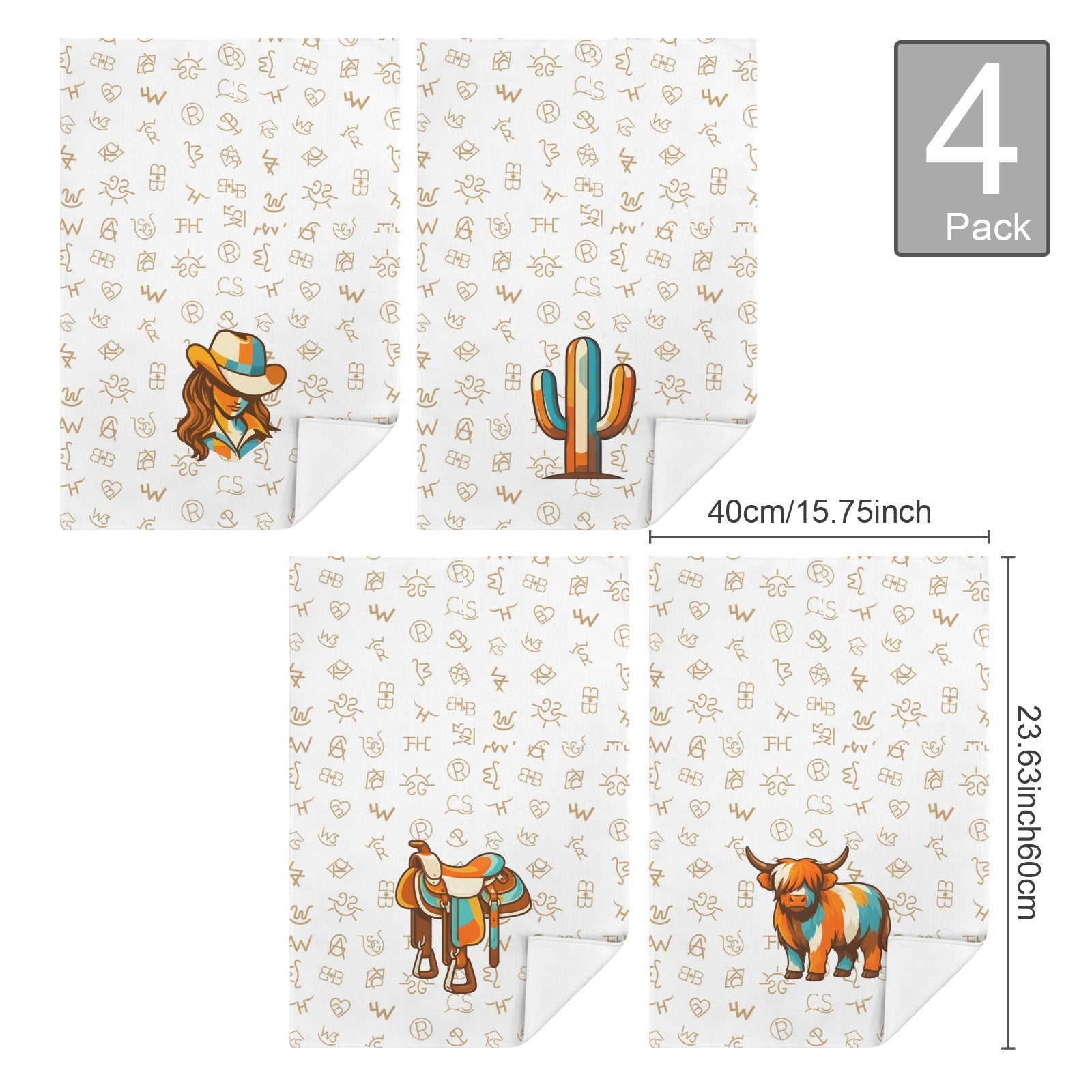 Baha Ranch Set of 4 Minimalistic Western Highland Cow Cattle Brands Kitchen Towels Made in America