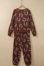 Brown Western Print Elastic Waist Pocket 2pcs Pant Set