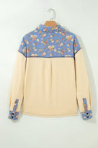 Floral Denim Patchwork Collared V-Neck Long Sleeve Top