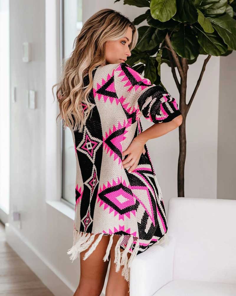 Printed Cardigan Fringe Long Sleeve Jacket