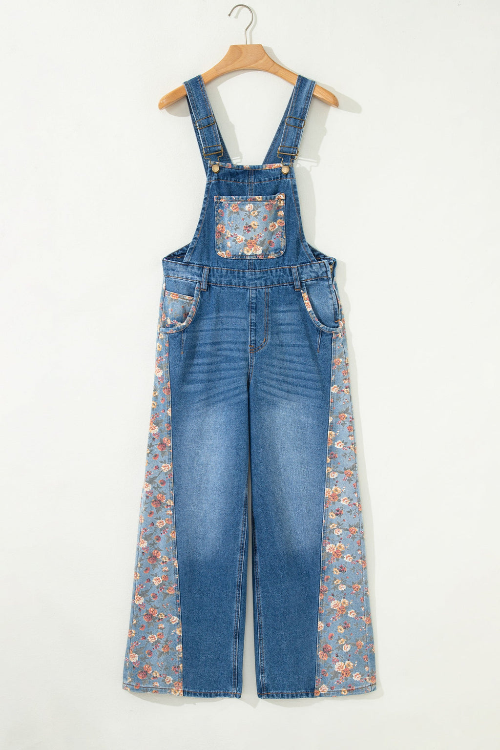 Floral Patchwork Bib Wide Leg Denim Overalls