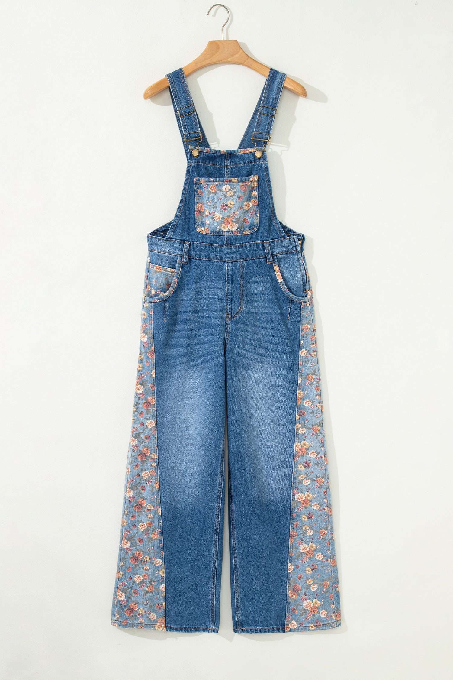 Floral Patchwork Bib Wide Leg Denim Overalls