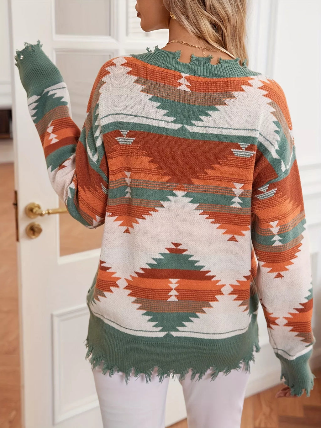 Geometric Frayed Hem V-Neck Long Sleeve Sweater 4 Color Options