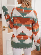 Geometric Frayed Hem V-Neck Long Sleeve Sweater 4 Color Options