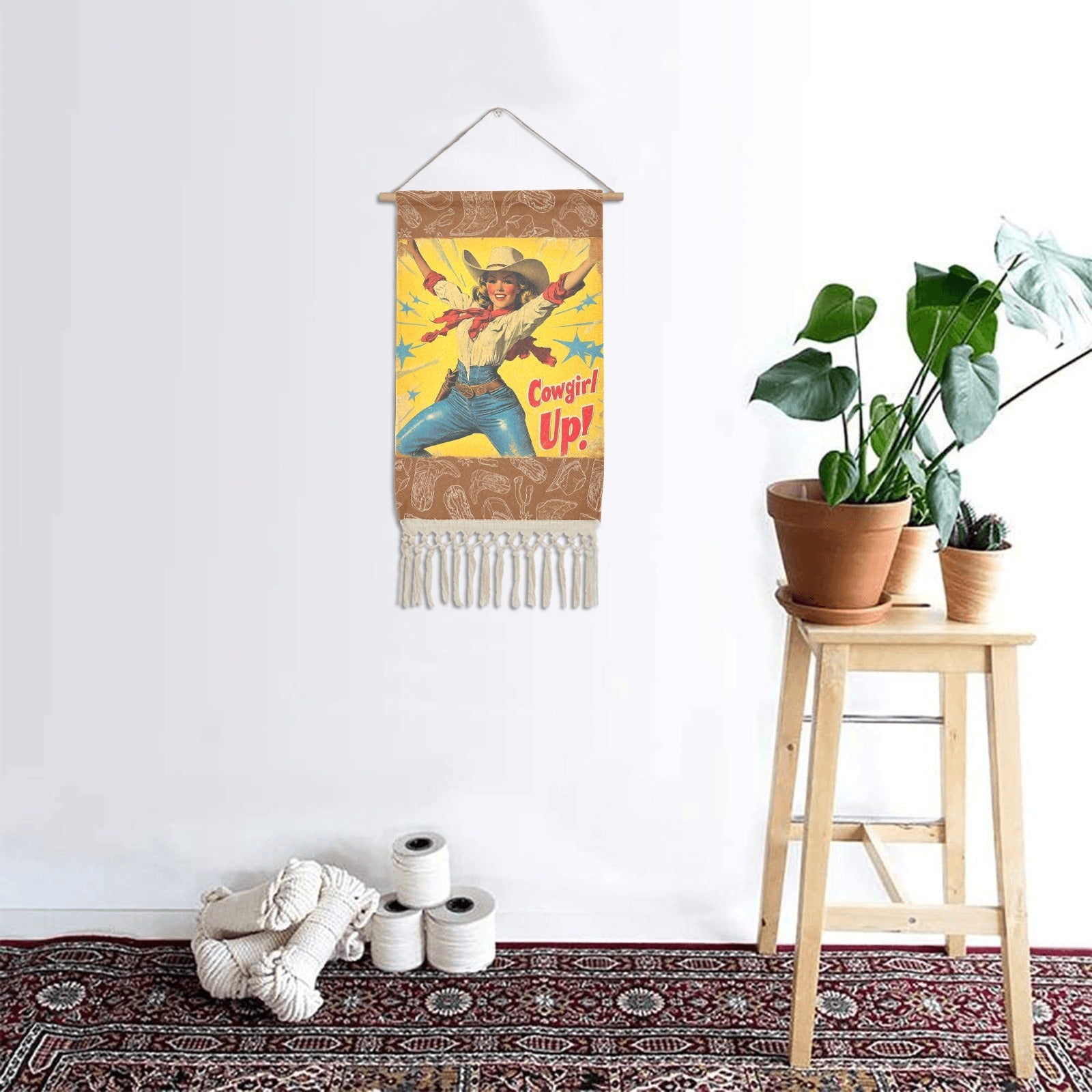Baha Ranch Cowgirl Up Vintage Western Wall Decor Linen Hanging Poster with Fringe Made in America