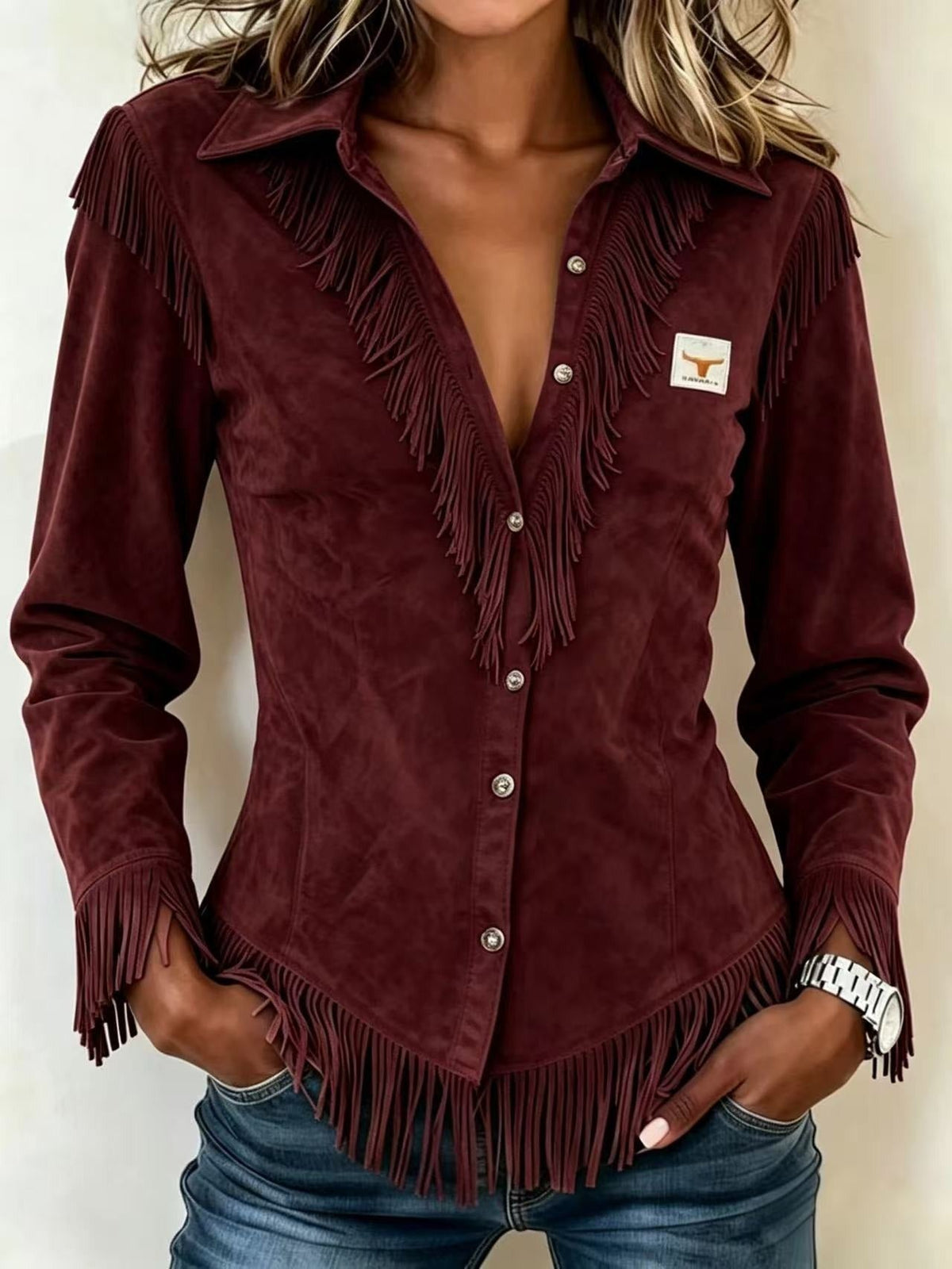 Full Size Fringed Collared Neck Shirt Plus Size
