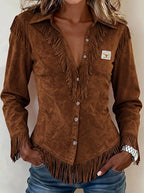 Spot Amazon Foreign Trade Cross-Border 2025 Western Cowboy Style Suede Tassel Slim Long-Sleeved Shirt
