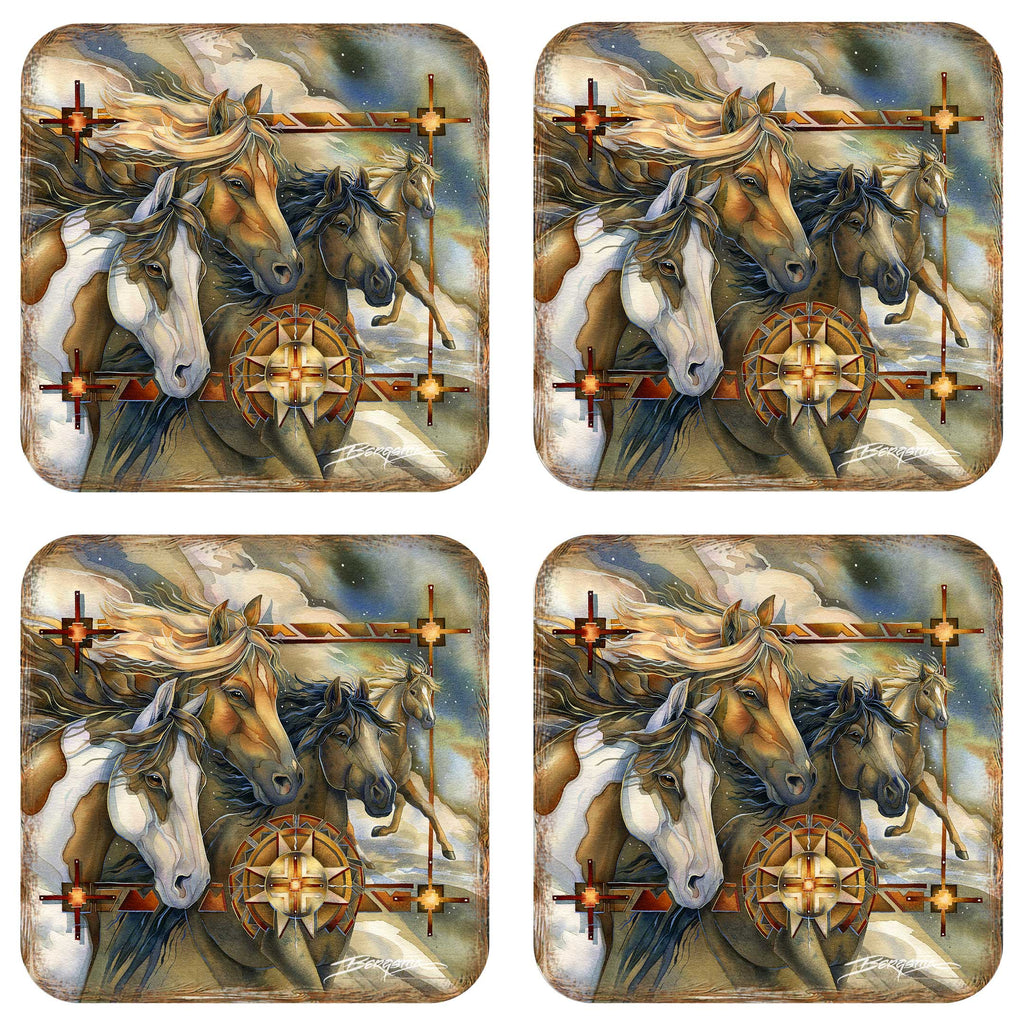 Wild Horses Wooden Cork Coasters Gift Set of 4 by J. Bergsma - Wildlife Décor  - 8199474C-S4