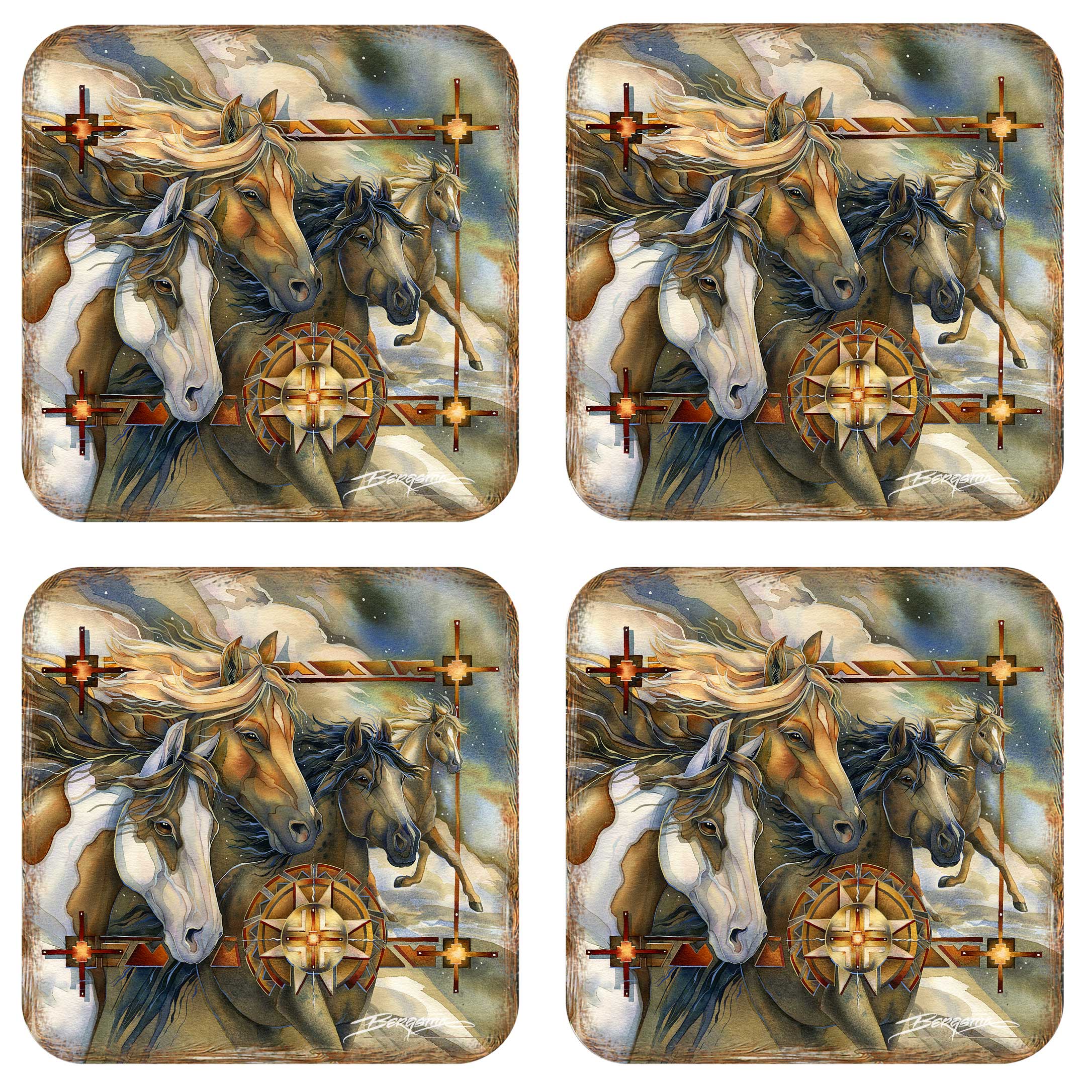 Wild Horses Wooden Cork Coasters Gift Set of 4 by J. Bergsma - Wildlife Décor  - 8199474C-S4