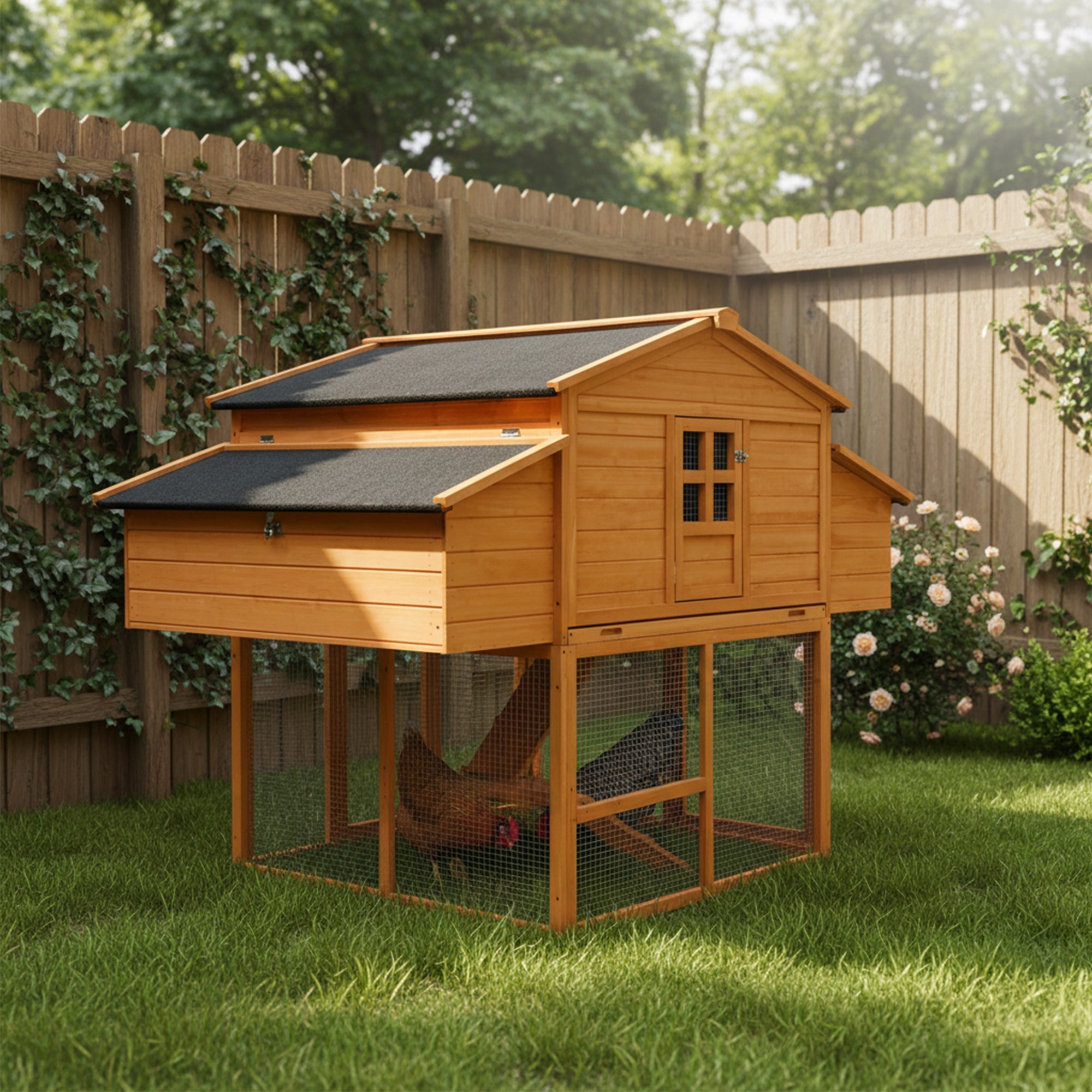 Chicken House for Outdoor with Two Nesting Boxes, Leakproof Pull-On Tray, and UV-Resistant Roof Panel