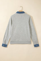 Gray Denim Collar Patchwork Long Sleeve Pullover Top