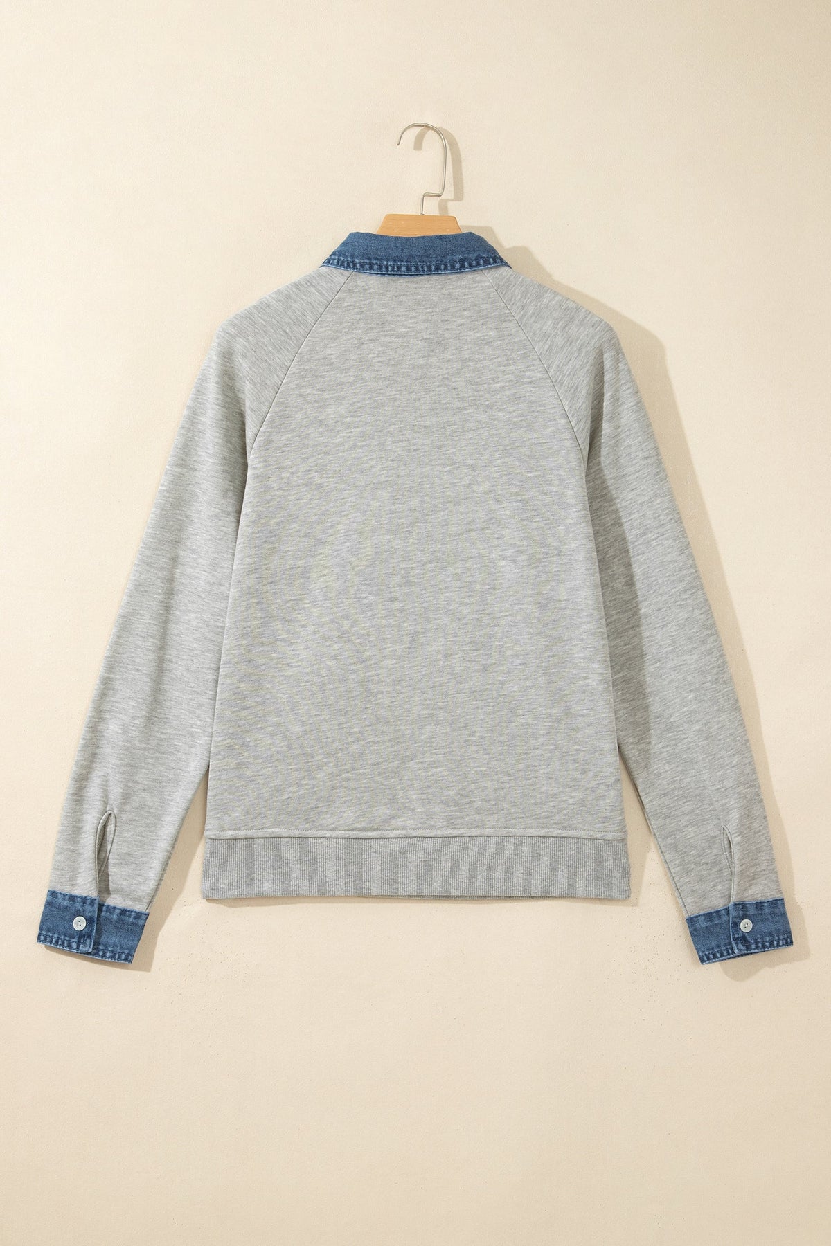 Gray Denim Collar Patchwork Long Sleeve Pullover Top