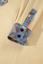 Floral Denim Patchwork Collared V-Neck Long Sleeve Top