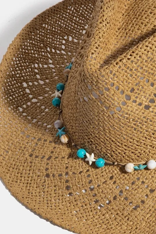 Turquoise and Shell Star Beads Strap Western Straw Hat