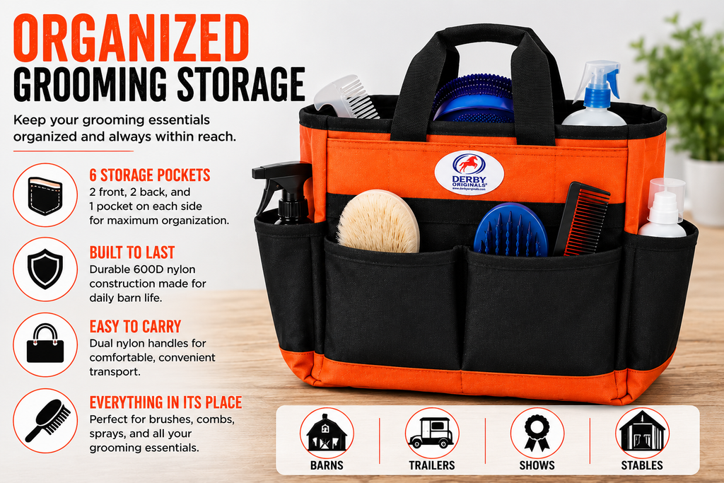 Derby Originals Nylon Horse & Dog Grooming Tote Bag with 6 Storage Pockets, Durable 600D Nylon Organizer, Dual Carry Handles for Barn, Trailer & Show Supplies