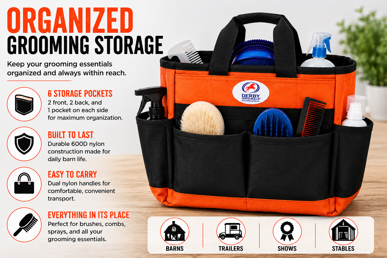 Derby Originals Nylon Horse & Dog Grooming Tote Bag with 6 Storage Pockets, Durable 600D Nylon Organizer, Dual Carry Handles for Barn, Trailer & Show Supplies
