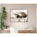 Sepia Texas Longhorn Cattle in Pasture by The Creative Bunch Studio Framed Canvas Wall Art Print