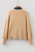 Denim Patchwork Collar Ribbed Knit Buttoned Cardigan