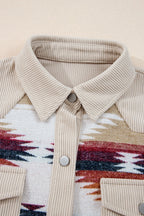 Multicolour Western Aztec Ribbed Patchwork Double Flap Pocket Raw Hem Shacket