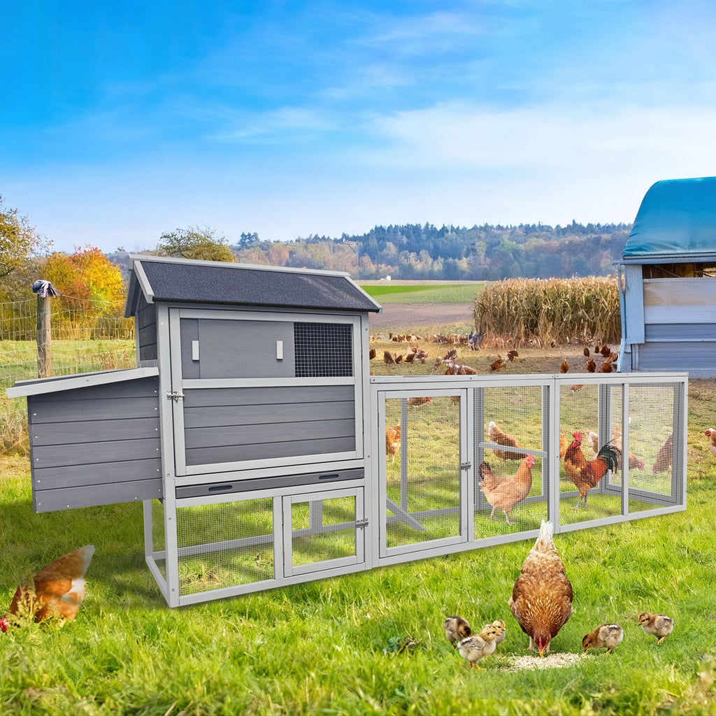 Gray Wooden Chicken Coop with Run and Nesting Box