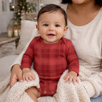 Red Plaid Baby Bodysuit In Soft Cotton Rib - Holiday One Piece