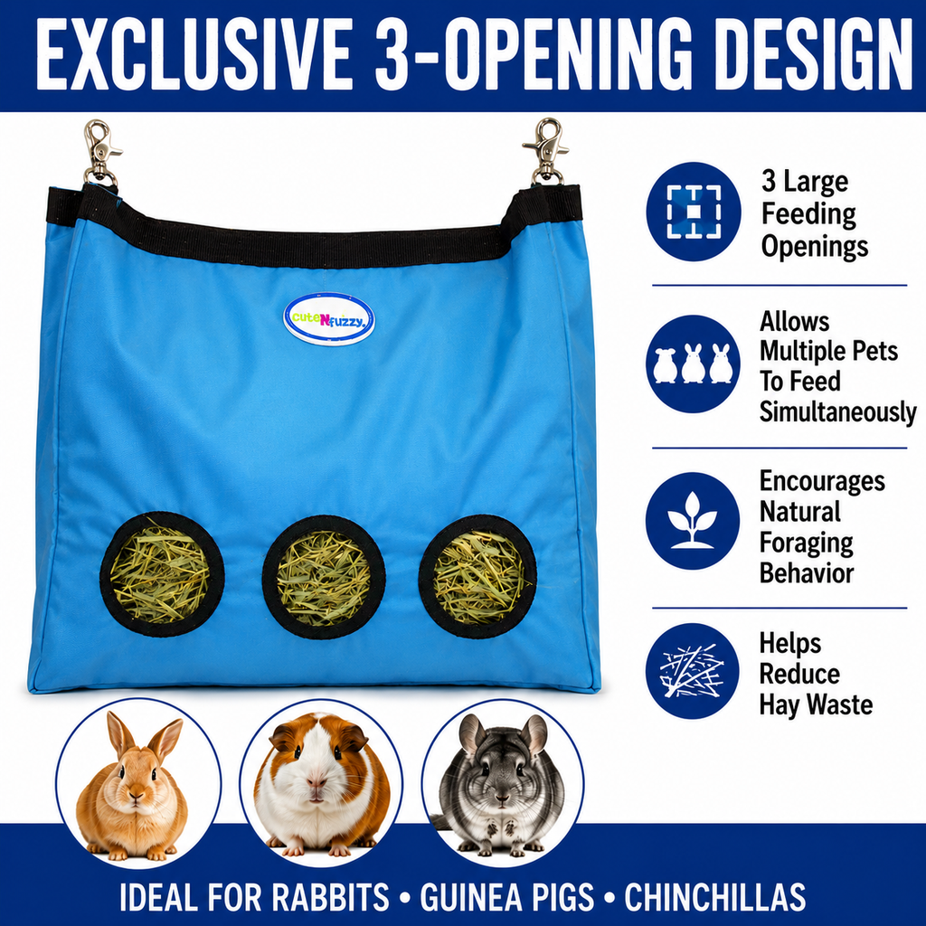 CuteNfuzzy 3-Opening Hay Bag for Rabbits, Guinea Pigs & Chinchillas – Large 15" x 15" x 5"