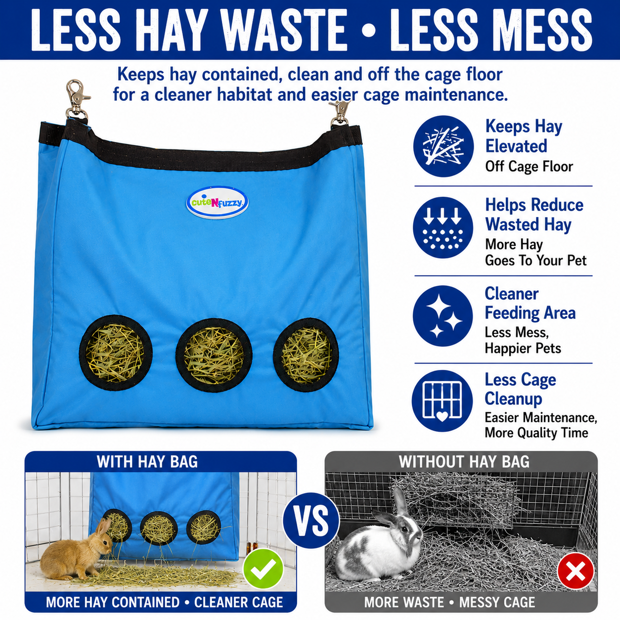 CuteNfuzzy 3-Opening Hay Bag for Rabbits, Guinea Pigs & Chinchillas – Large 15" x 15" x 5"