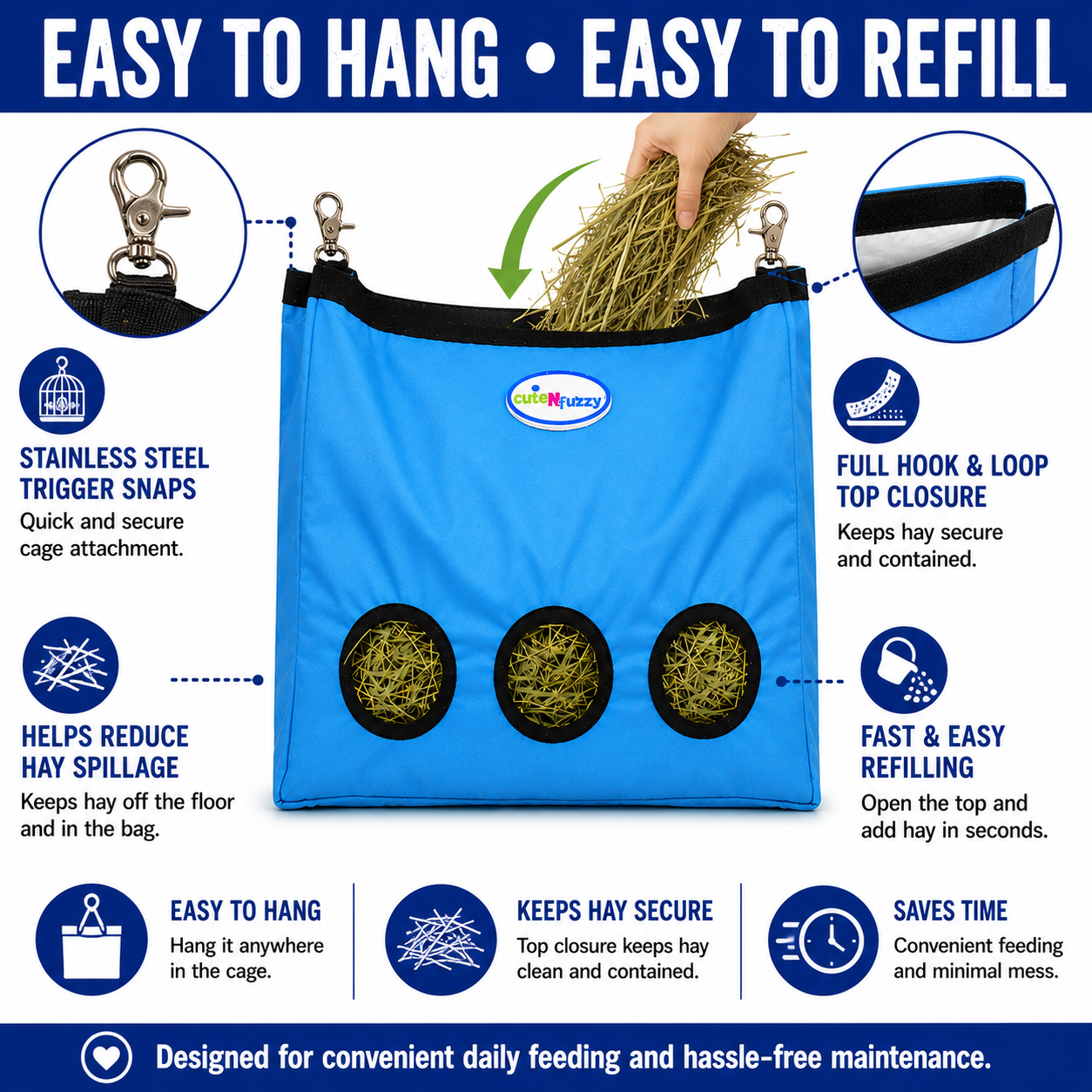 CuteNfuzzy 3-Opening Hay Bag for Rabbits, Guinea Pigs & Chinchillas – Large 15" x 15" x 5"