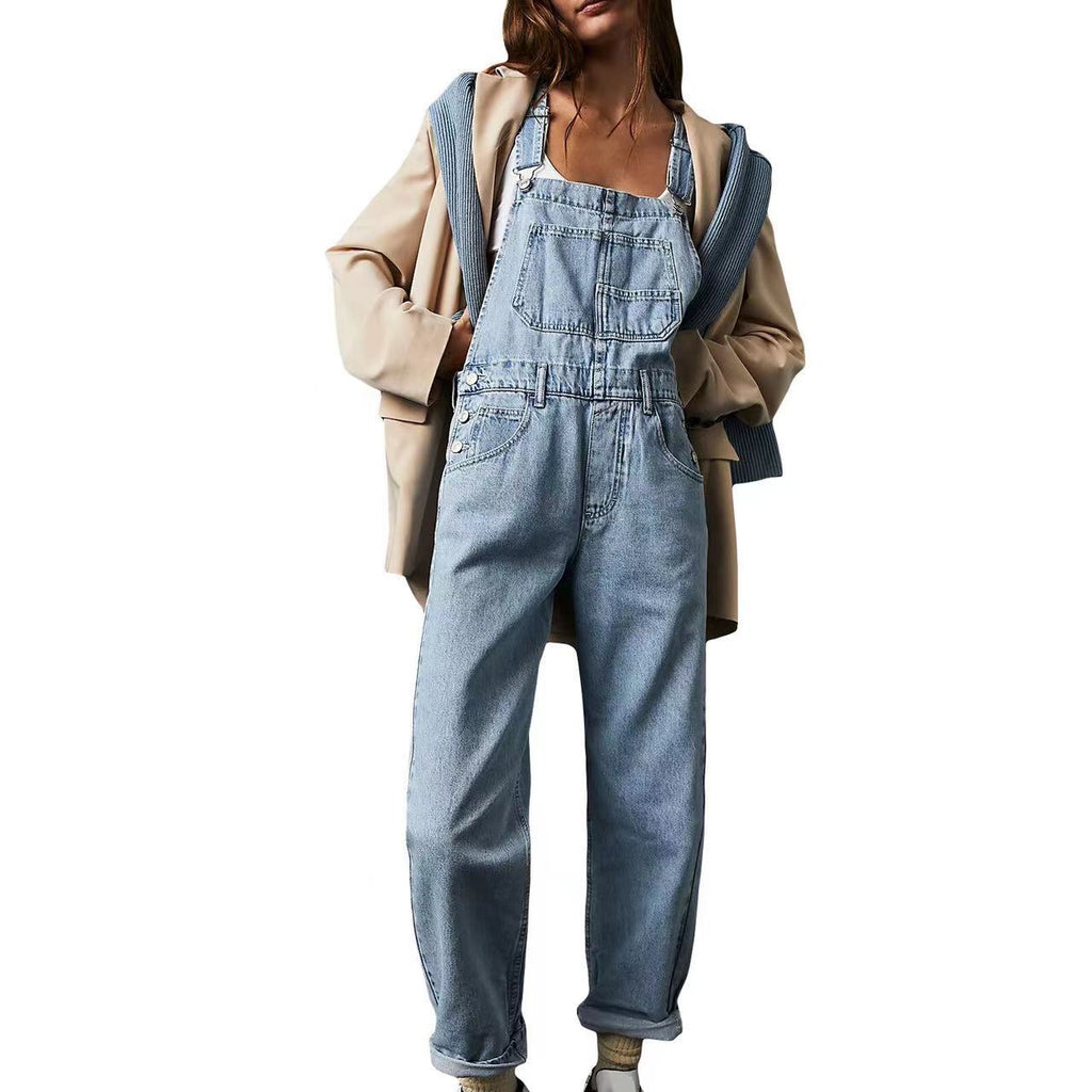 Women's High-Waisted Jumpsuit Overalls With Pockets Loose Fit Denim Trousers Casual Straight Leg Pants