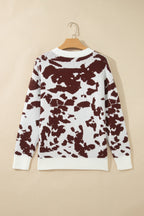 Western Cow Print Ribbed Round Neck Sweater