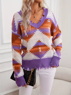 Geometric Frayed Hem V-Neck Long Sleeve Sweater 4 Color Options