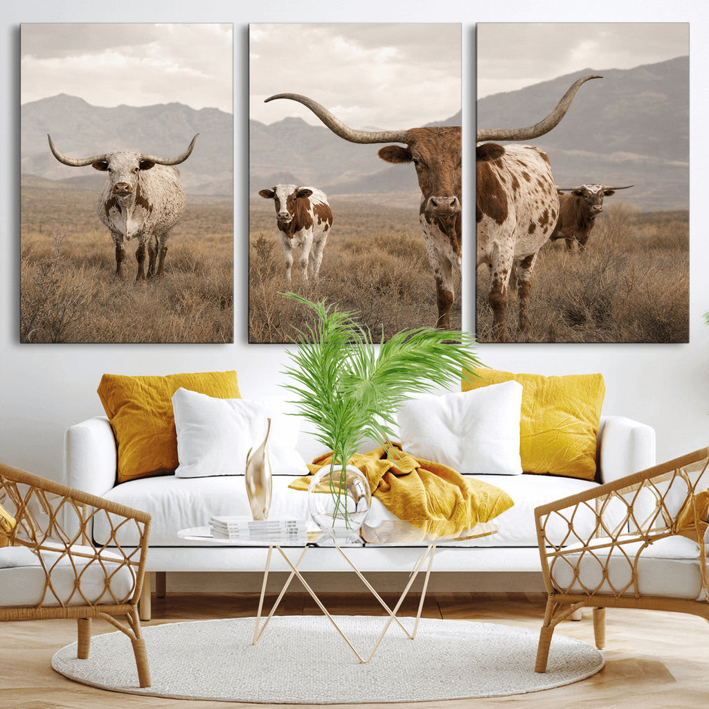 Rustic Texas Longhorn Cow Canvas Wall Art Print, Rustic Farm Animal