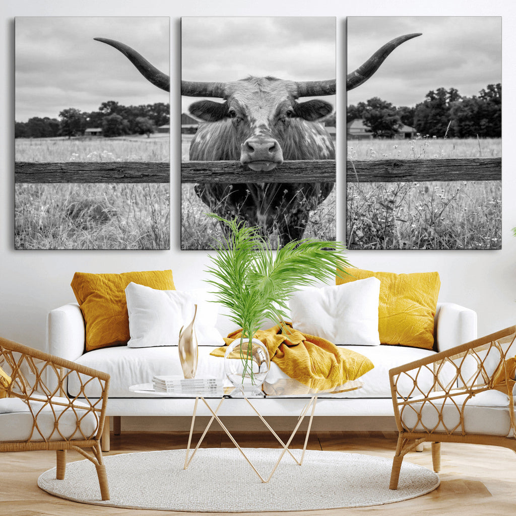 Black White Texas Longhorn Bull Canvas Wall Art, Western Ranch Cattle, Framed and Ready to Hang