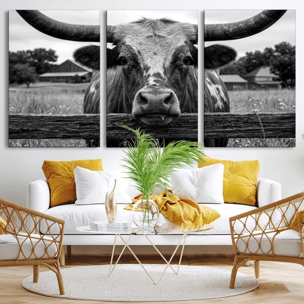 Black White Texas Longhorn Bull Canvas Wall Art, Western Ranch Cattle